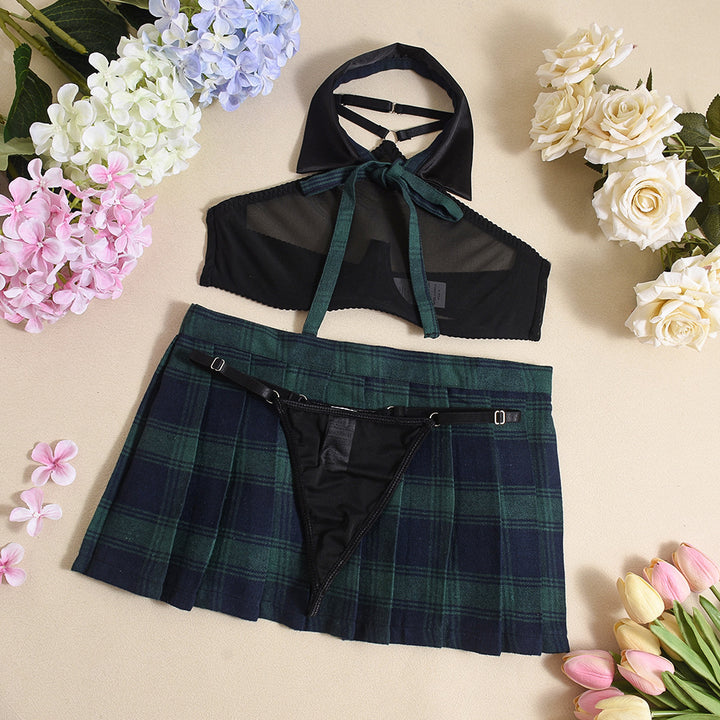 Green Plaid School Girl Lingerie Set – Sheer Mesh Halter Bra & Pleated Skirt Costume Outfit