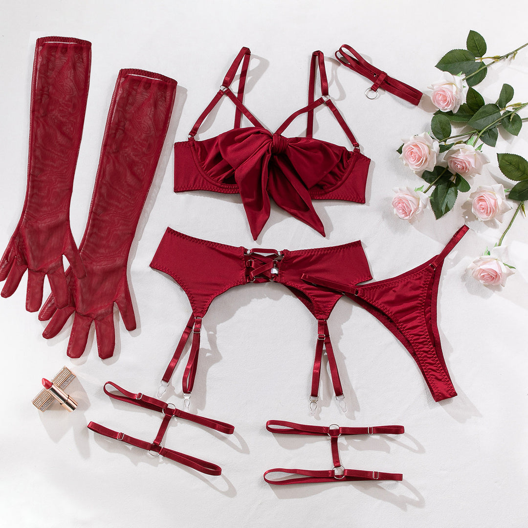 Sexy Bow-Tie Strappy Teddy Lingerie – Open Bust Lace-Up One-Piece Bodysuit