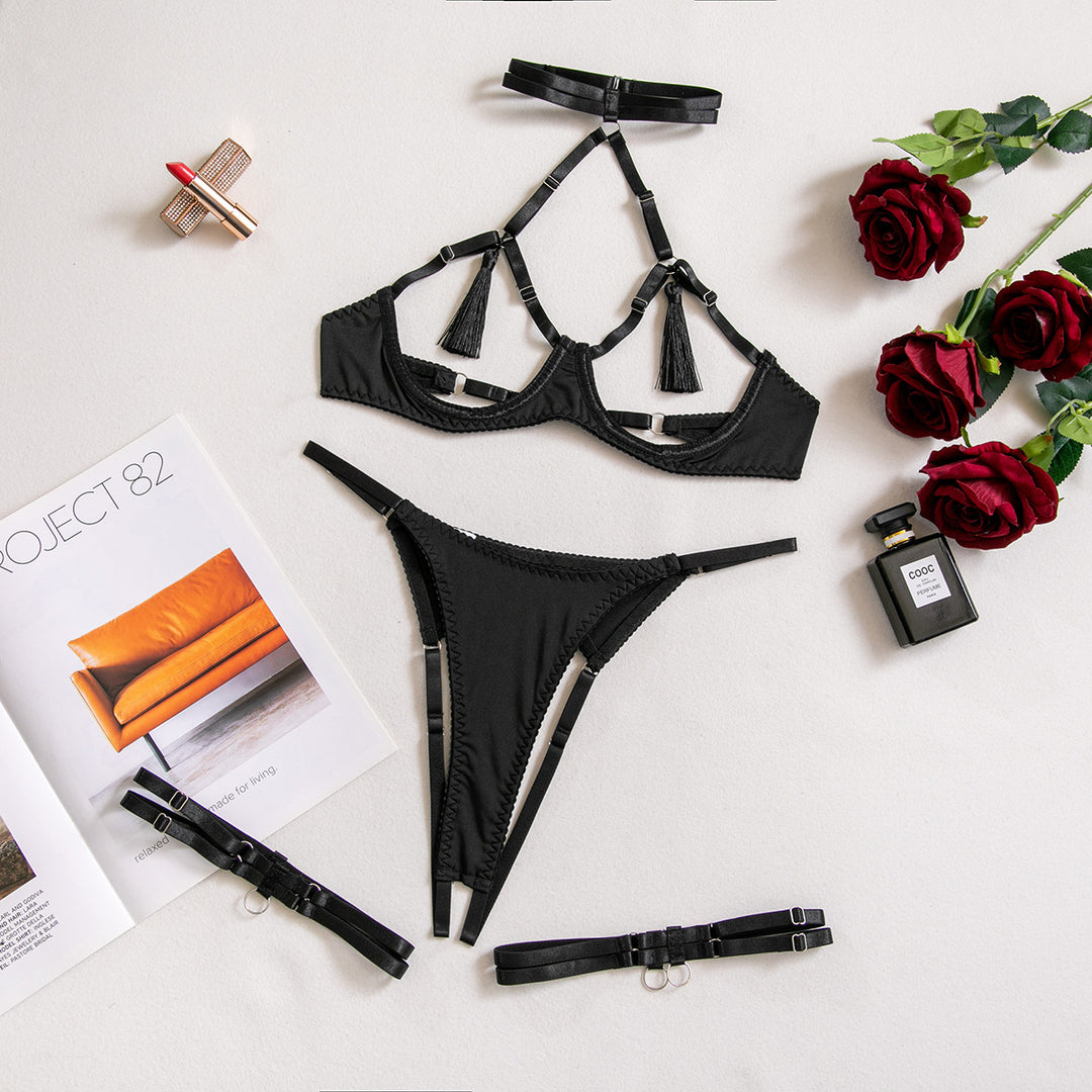 Open Cup Lingerie Set – Strappy Harness Bra, Thong & Leg Garters 4-Piece Set