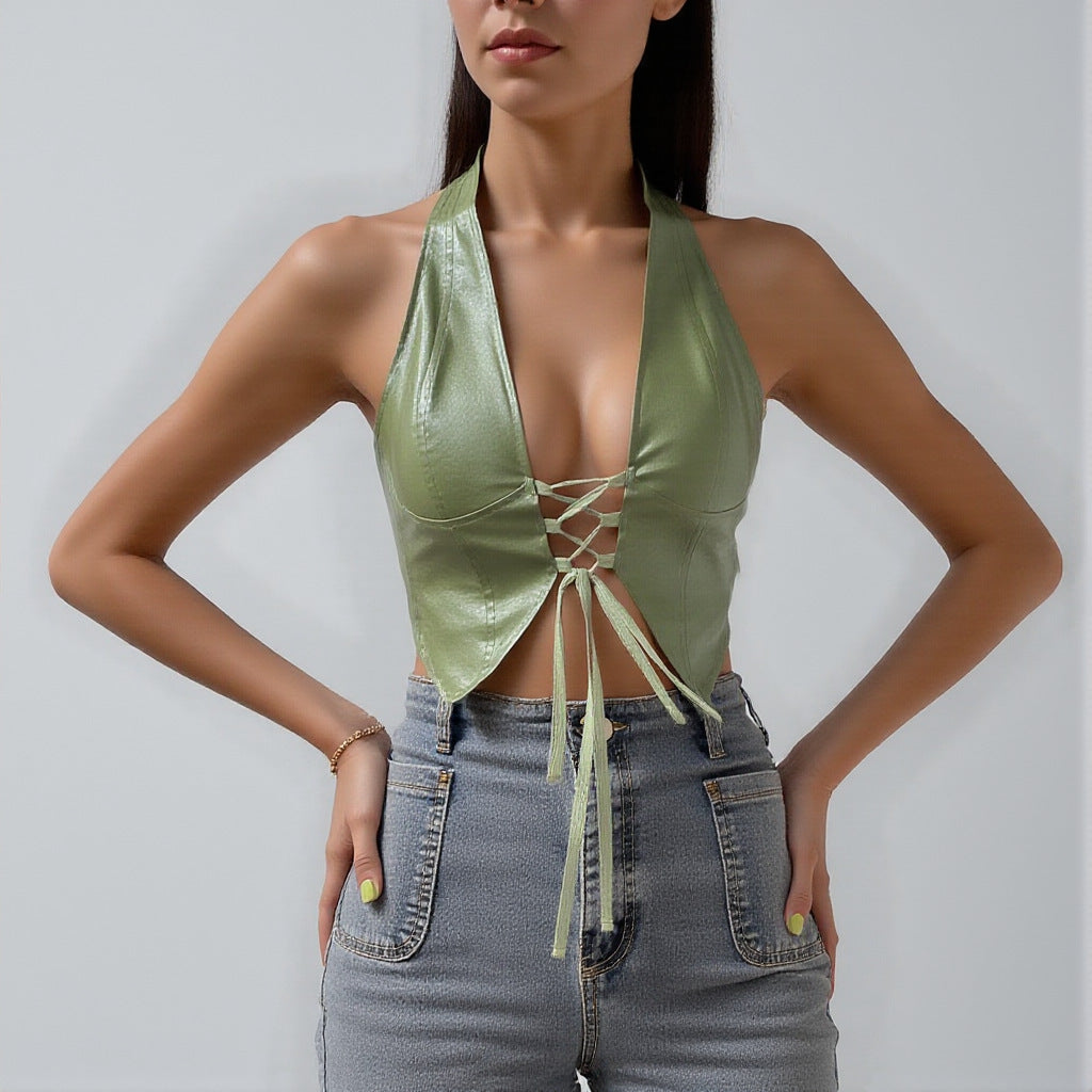 PU Leather Halter Crop Top — Underwire Bustier Wrap Front Strappy Corset