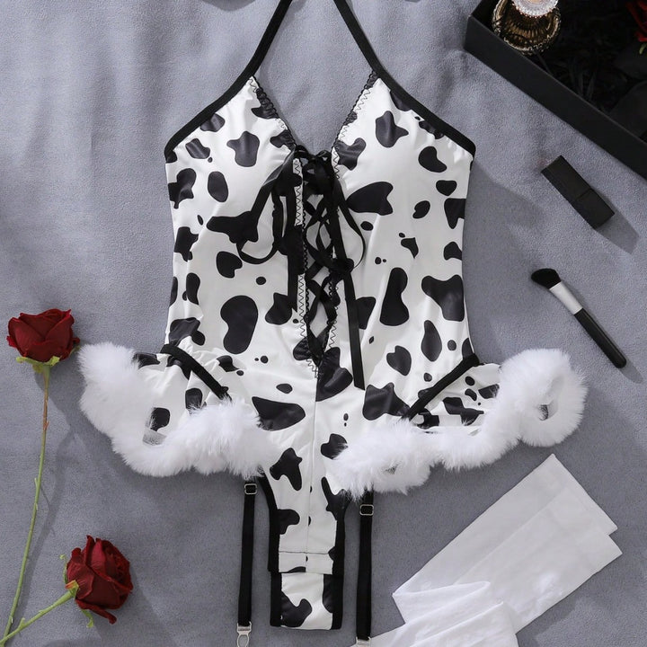 Sexy Cow-Print Lingerie Bodysuit with Lace-Up Front & Fluffy Trim