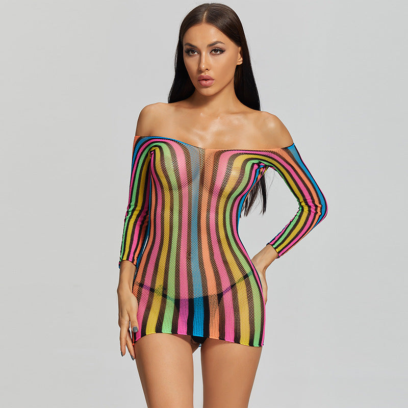 Rainbow Stripe Off-Shoulder Mesh Mini Dress