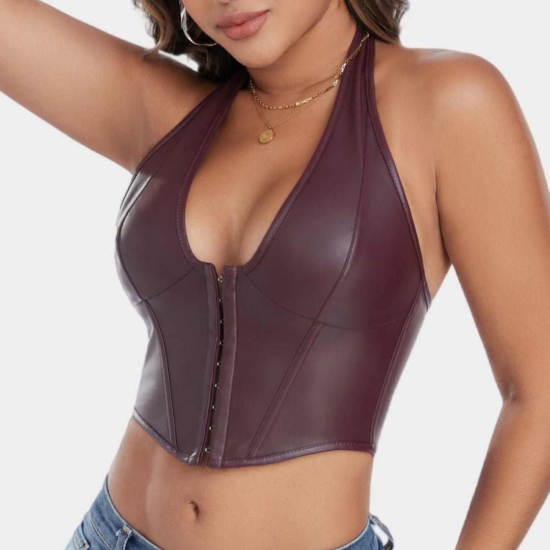 Halter Faux Leather Crop Top — Deep V Bustier Style Party Tank