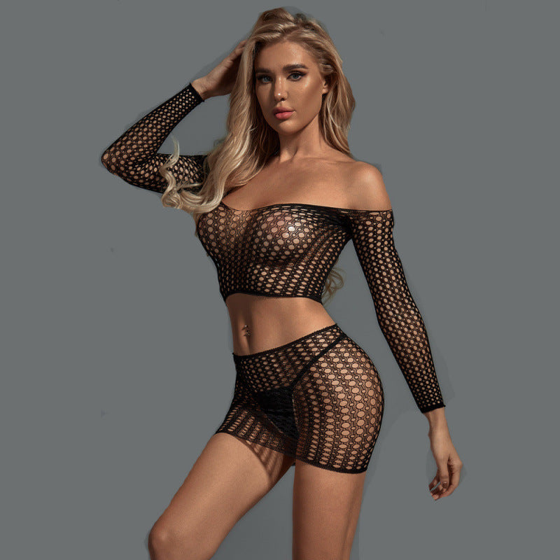 Fishnet Mesh 2-Piece Lingerie Set – Off Shoulder Long Sleeve Crop Top & Mini Skirt Sexy Nightwear