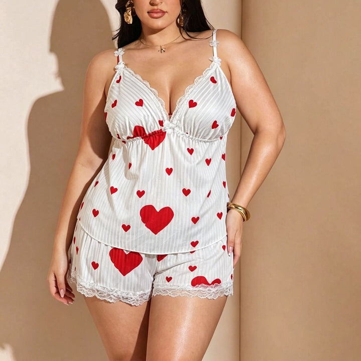Plus Size Heart Print Ribbed Lace Trim Cami Sleep Dress – V-Neck Women’s Nightgown