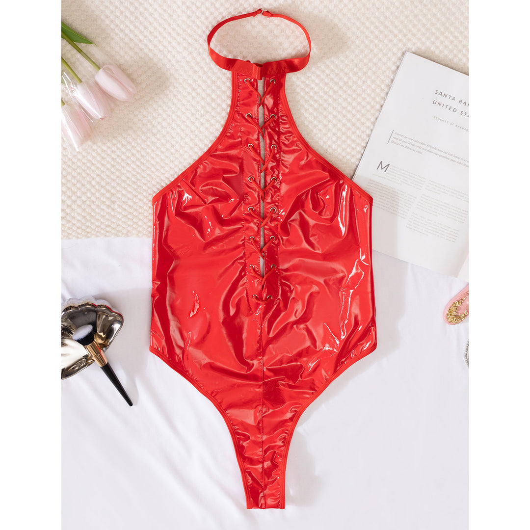 Glossy PVC Halter Teddy Bodysuit – Lace-Up Faux Leather One-Piece Lingerie