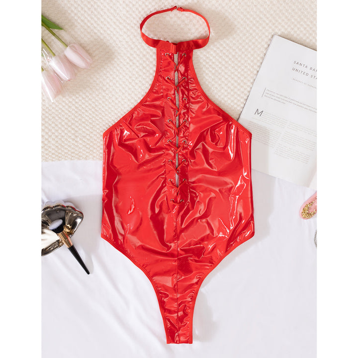 Glossy PVC Halter Teddy Bodysuit – Lace-Up Faux Leather One-Piece Lingerie