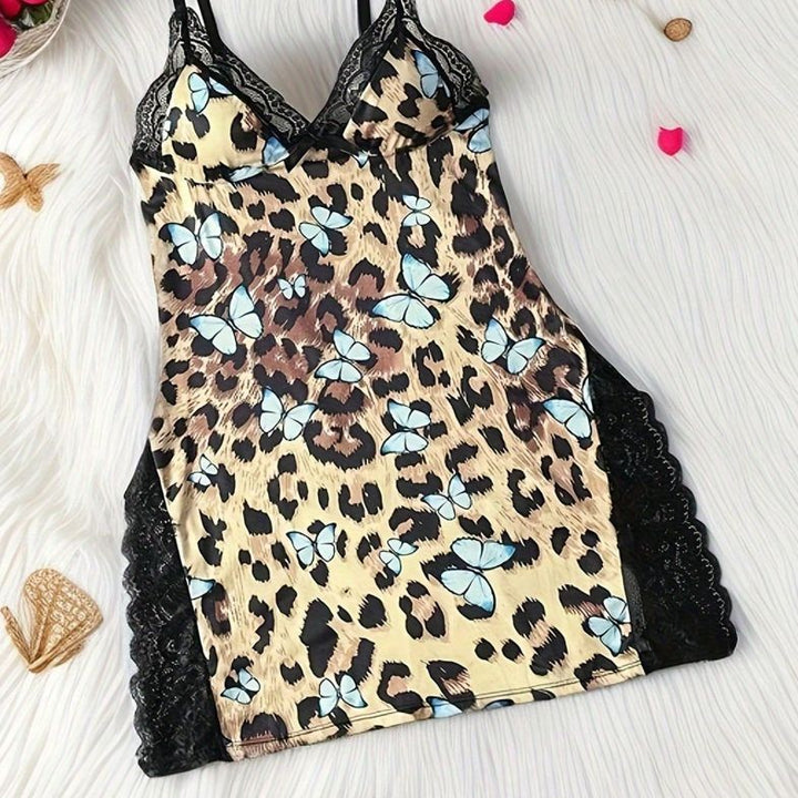 Leopard Print Butterfly Babydoll Lingerie Set – Lace Trim Mesh Chemise
