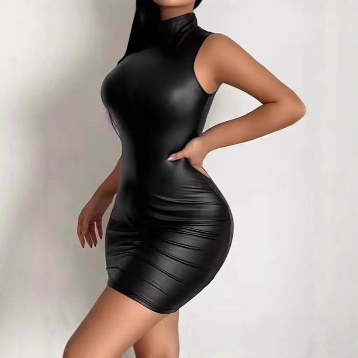 Black Sleeveless High-Neck Faux Leather Bodycon Mini Dress – Sleek & Sculpted Party Look