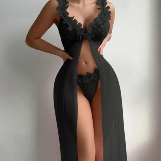 Floral Lace Babydoll Lingerie Set – Sheer Mesh Long Robe with Romantic