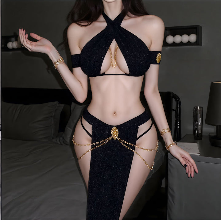 Black Sparkle Strappy Lingerie Set – Halter Cutout Bra with Gold Chain Garter Details