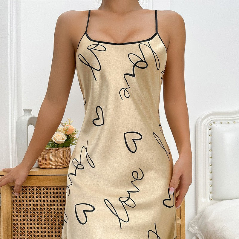 Silky Satin Ice Silk Slip Dress for Women – Sleeveless Floral Print Mini Nightgown