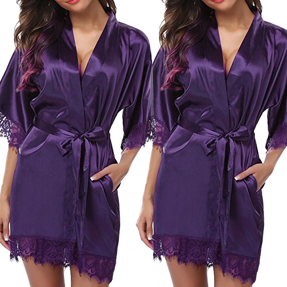 Women's Satin Lace Trim Robe – Lace Trim Sleepwear Lounge Bathrobe with Tie Belt