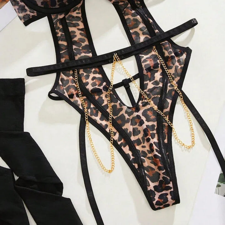 Leopard Print Strappy Teddy Lingerie Set with Chain Detail