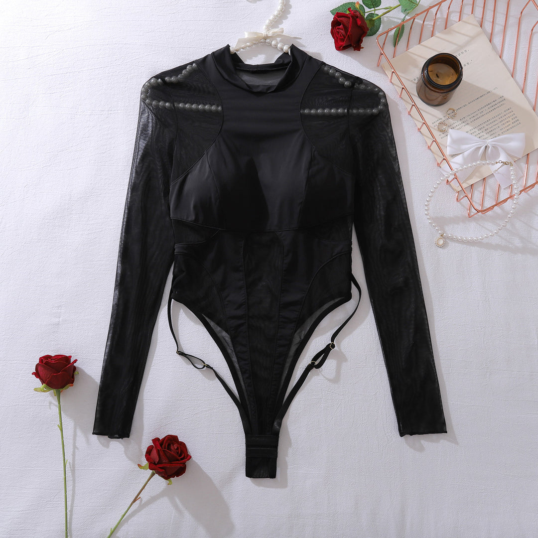 Sheer Mesh Long Sleeve Cutout Bodysuit – High Neck Sculpting Teddy Lingerie