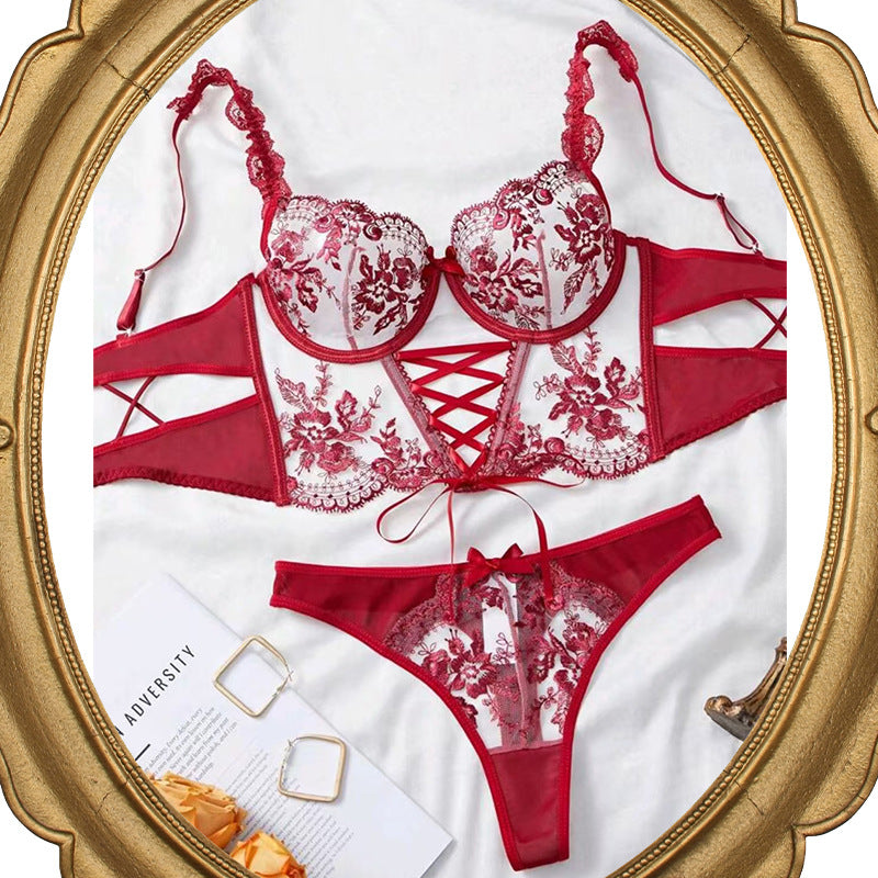 Sexy Embroidered Lace Lingerie Set – Underwire Corset Bra & Thong