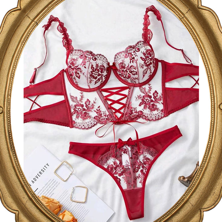 Sexy Embroidered Lace Lingerie Set – Underwire Corset Bra & Thong
