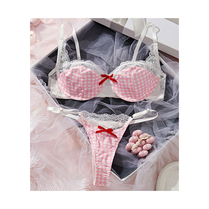 Pink Gingham Lace Lingerie Set Cute Bow Bra & Thong Two Piece Set