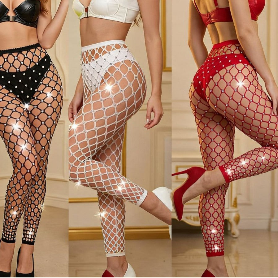 Sexy Rhinestone Fishnet Leggings – High-Waisted Sheer Mesh Tights with Sparkling Crystal Details