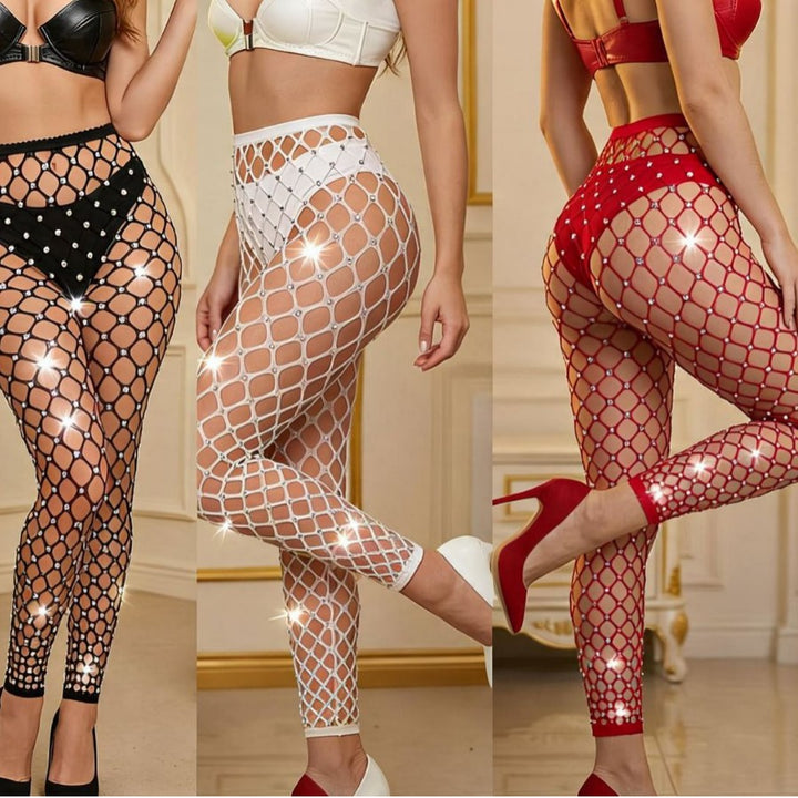 Sexy Rhinestone Fishnet Leggings – High-Waisted Sheer Mesh Tights with Sparkling Crystal Details