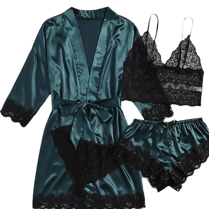 Satin & Black Lace Lingerie Set – Robe, Lace Cami & Shorts 4-Piece Sleepwear Set