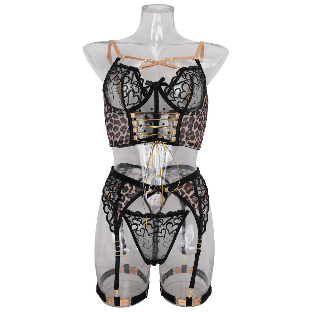 Leopard Lace Embroidery Lingerie Set – Bold Mesh Patchwork with Contrast Trim