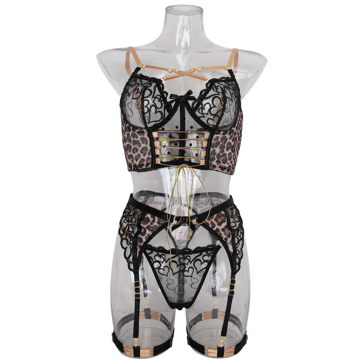 Leopard Lace Embroidery Lingerie Set – Bold Mesh Patchwork with Contrast Trim