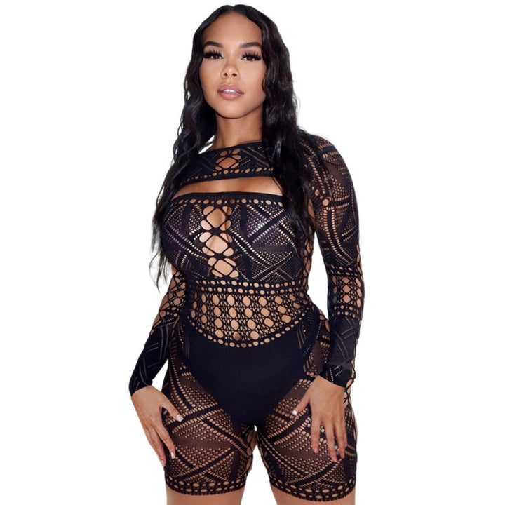 Sexy Hollow Mesh Long-Sleeve Bodysuit – Temptation in Patterns