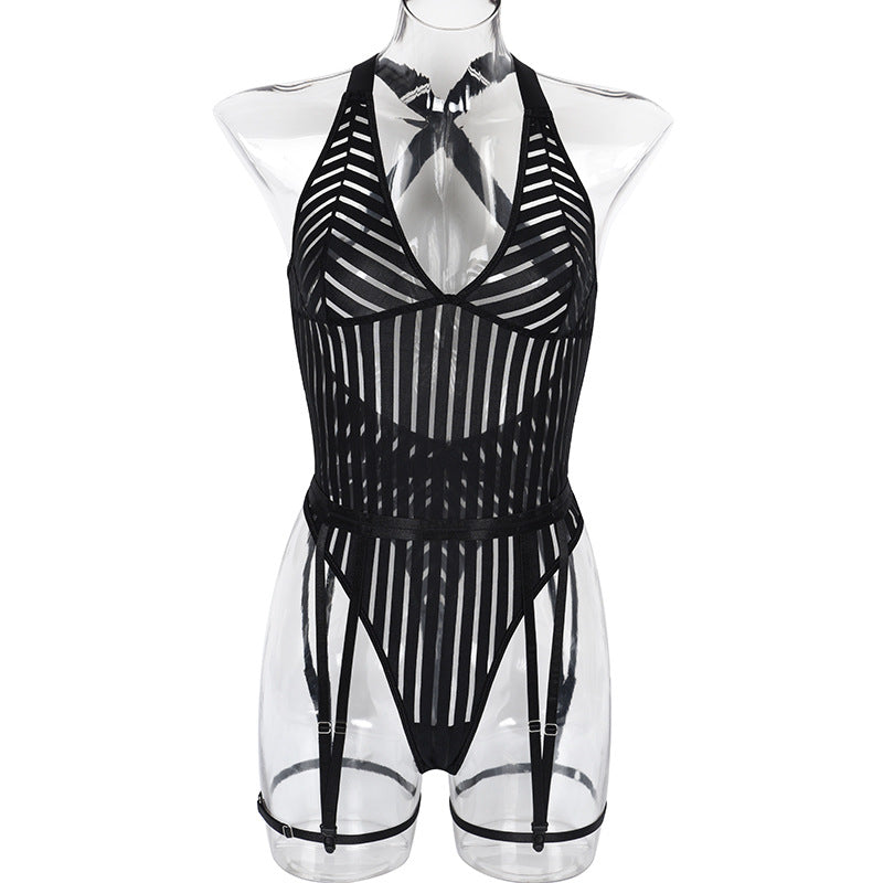 Temptation Lines – Mesh Stripe Garter Lingerie Bodysuit Set