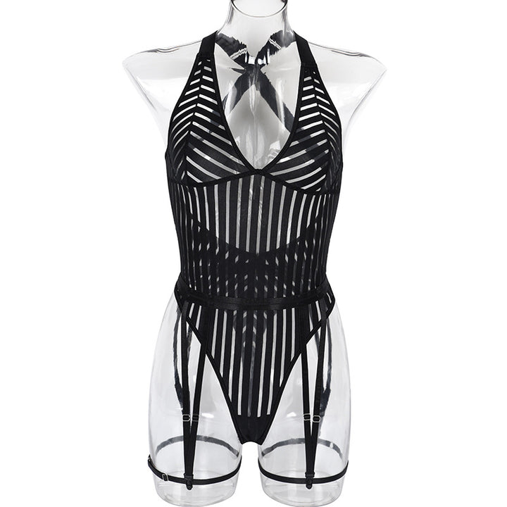 Temptation Lines – Mesh Stripe Garter Lingerie Bodysuit Set