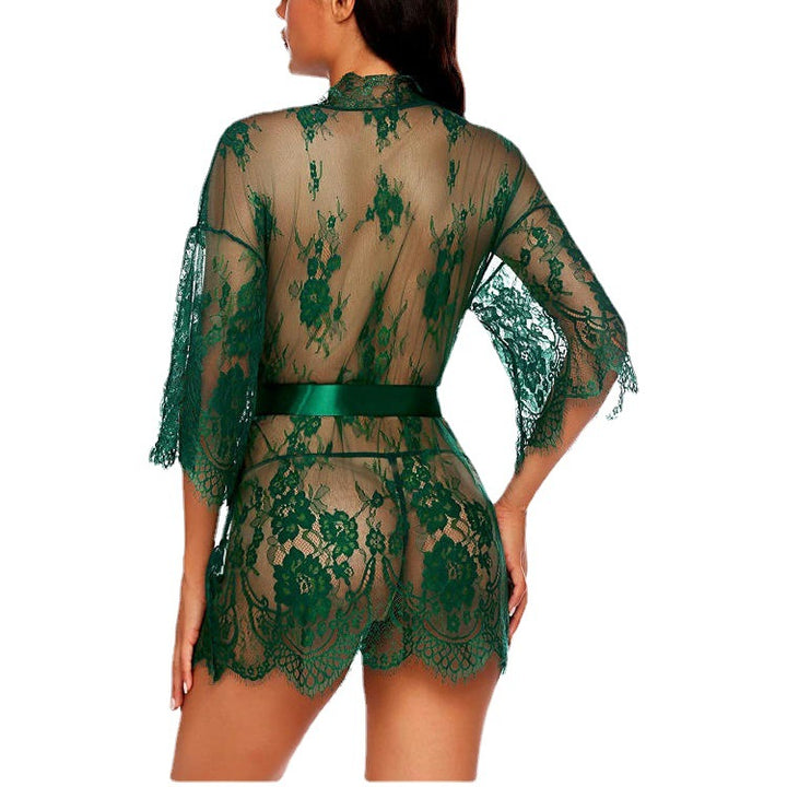 Midnight Lace – Sheer Floral Robe with Satin Belt