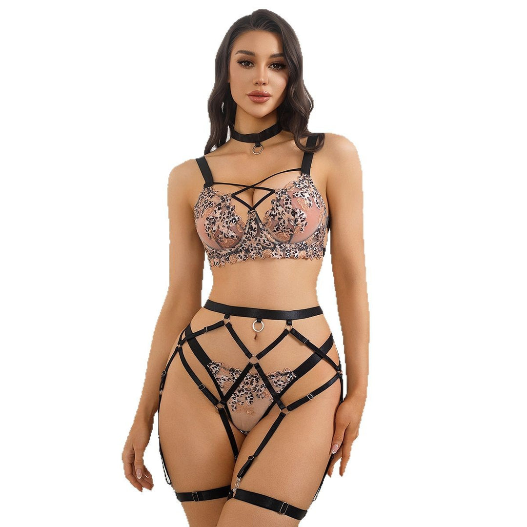 Leopard Sheer Embroidered Underwire Push-Up Lingerie 5-Piece Costume Set
