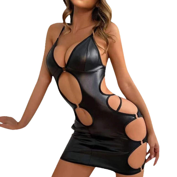 Sexy PU Leather Cut-Out Halter Mini Dress