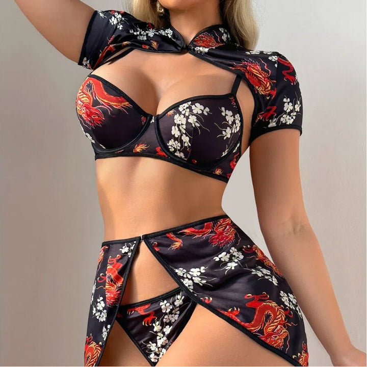 Oriental Dragon Print Lingerie Set