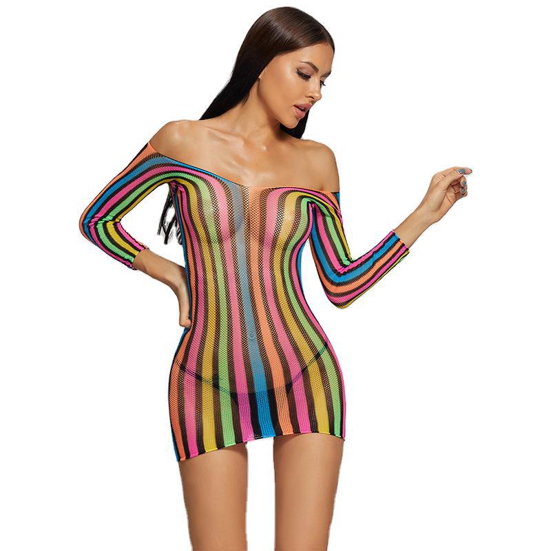 Rainbow Stripe Off-Shoulder Mesh Mini Dress