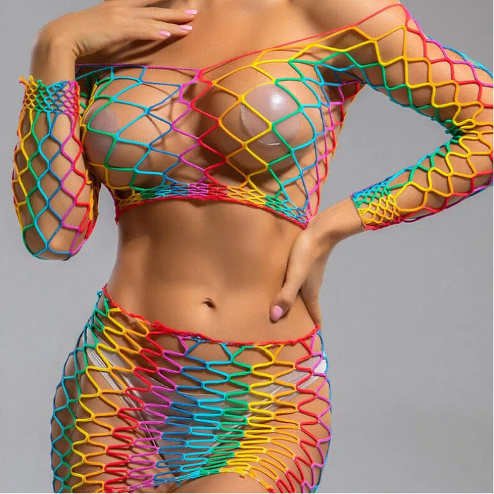Women’s Rainbow Striped Fishnet Bodycon Two-Piece Set