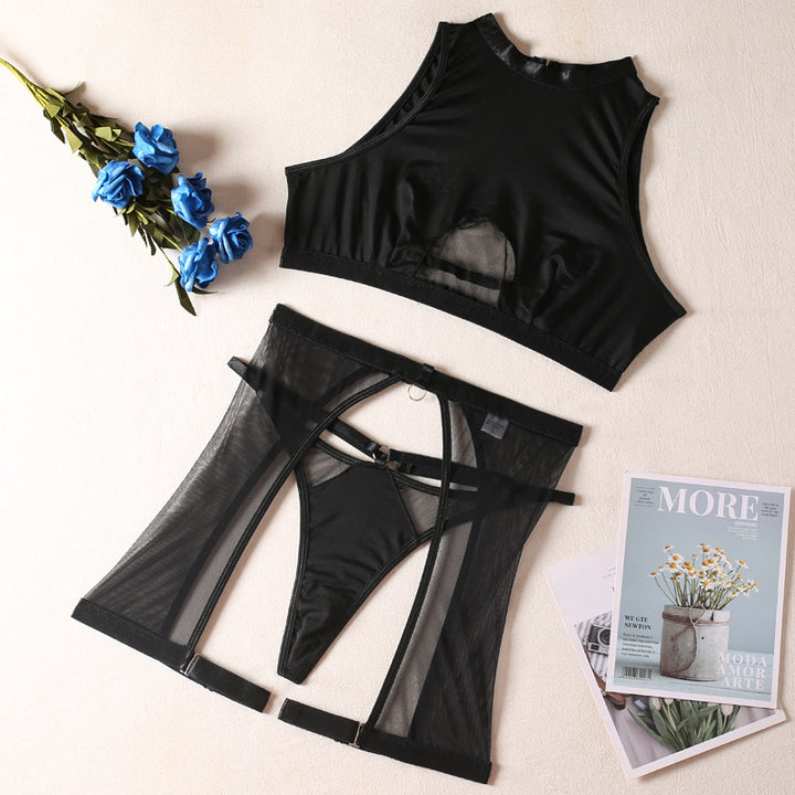 Cutout Mesh Lingerie Set – High-Neck Crop Top & Strappy High-Waist Briefs