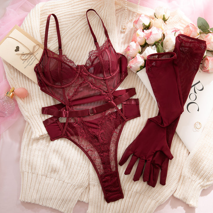 Sheer Mesh Cutout Lingerie with Matching Gloves