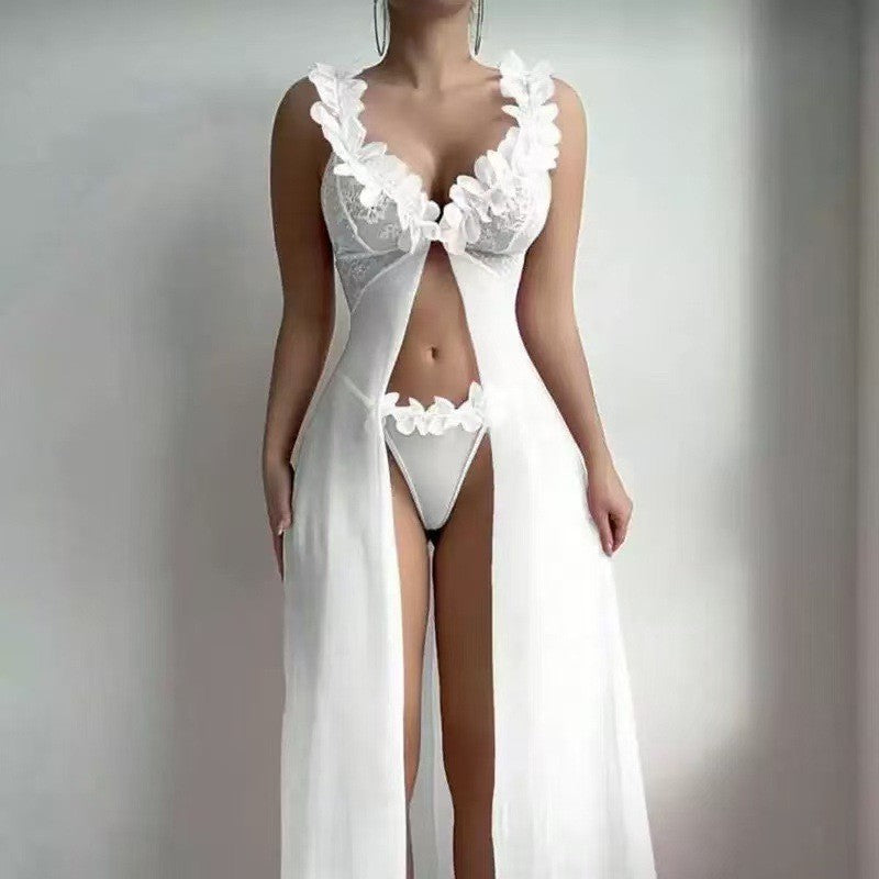 Floral Lace Babydoll Lingerie Set – Sheer Mesh Long Robe with Romantic
