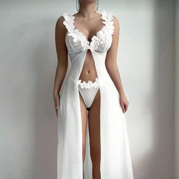 Floral Lace Babydoll Lingerie Set – Sheer Mesh Long Robe with Romantic