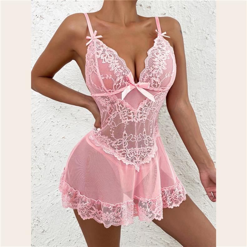 Women’s Sheer Lace Lingerie Set Elegant Mesh Sleepwear Two Piece Set