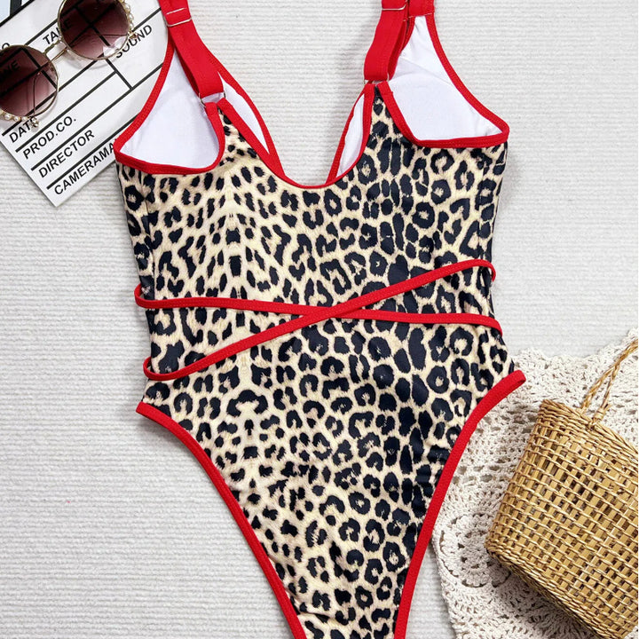 Leopard Patchwork Cut-Out One Piece Swimsuit