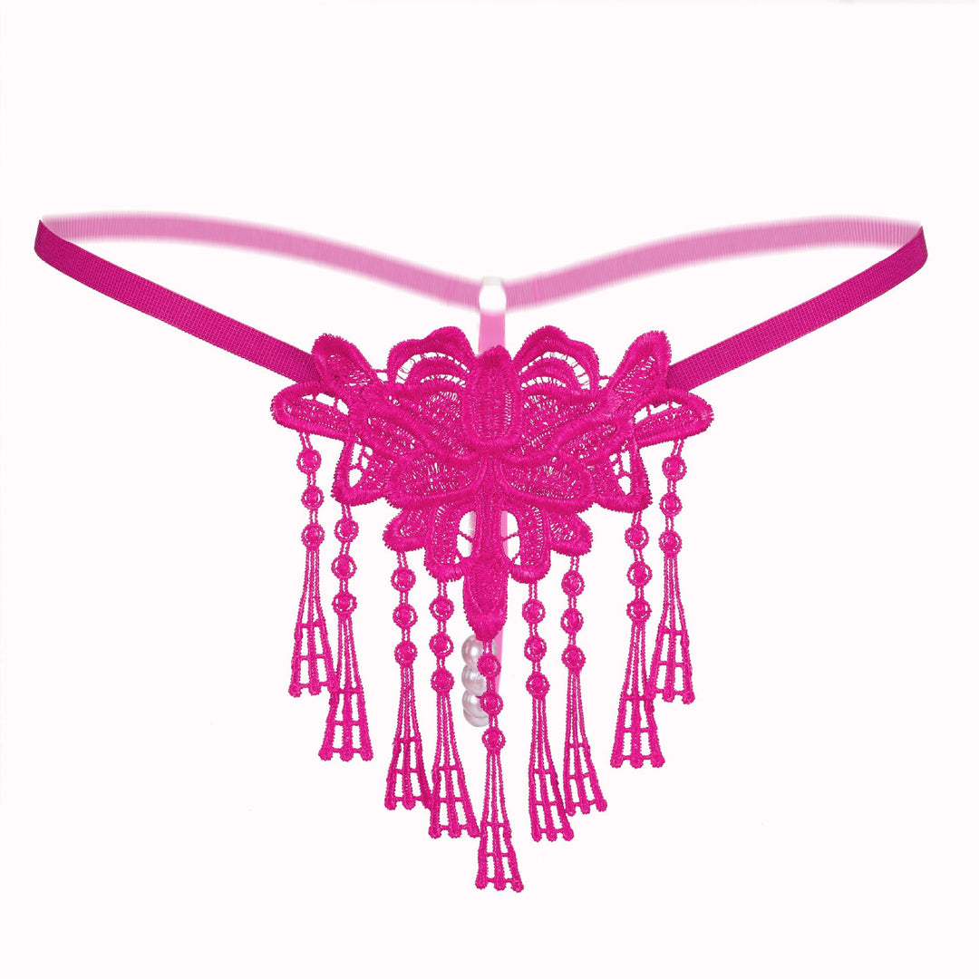 Floral Lace Garter Thong – Delicate Embroidered Applique with Pearl Tassel Detail