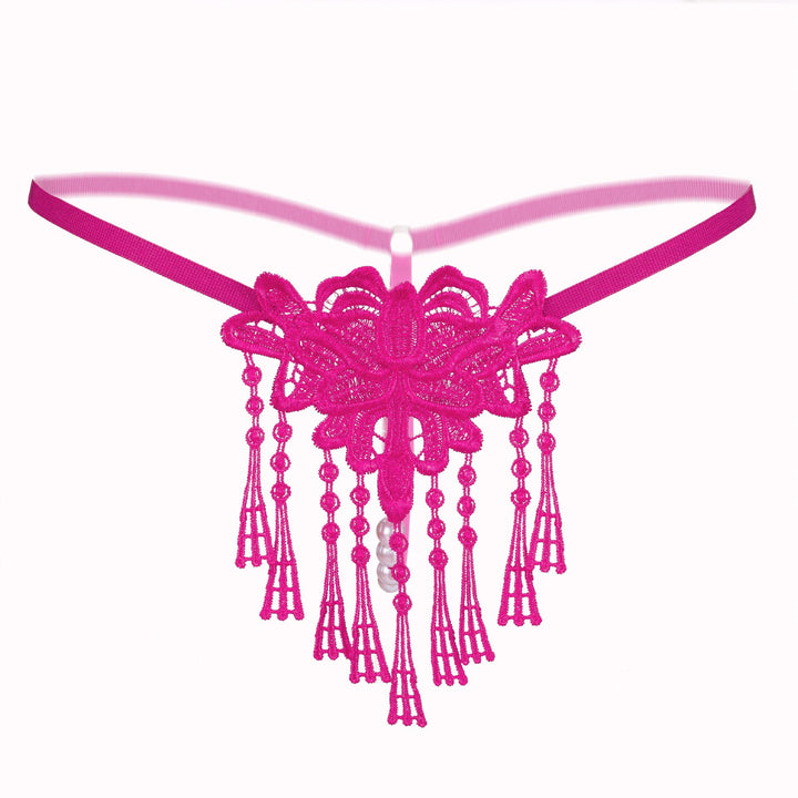 Floral Lace Garter Thong – Delicate Embroidered Applique with Pearl Tassel Detail