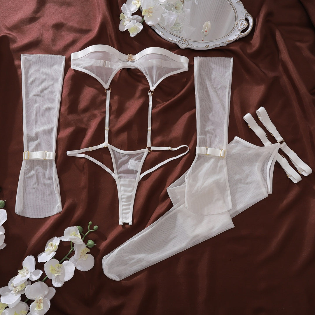 Sexy Sheer Strap Teddy Lingerie Set – Off-Shoulder Cut-Out Bodysuit