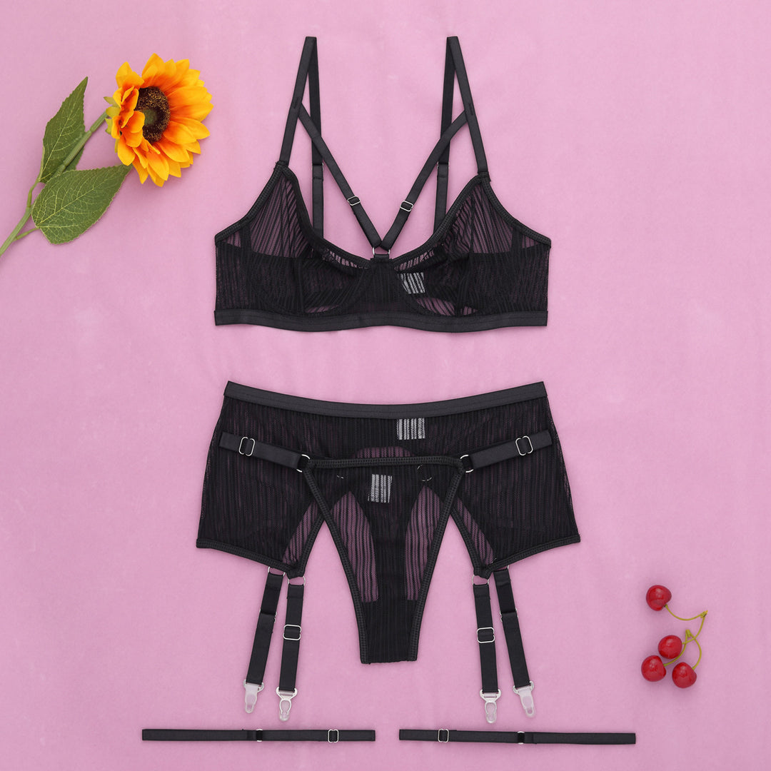 Sheer Striped Mesh Lingerie Set – Underwire Bra, High-Waist Garter Belt & Thong