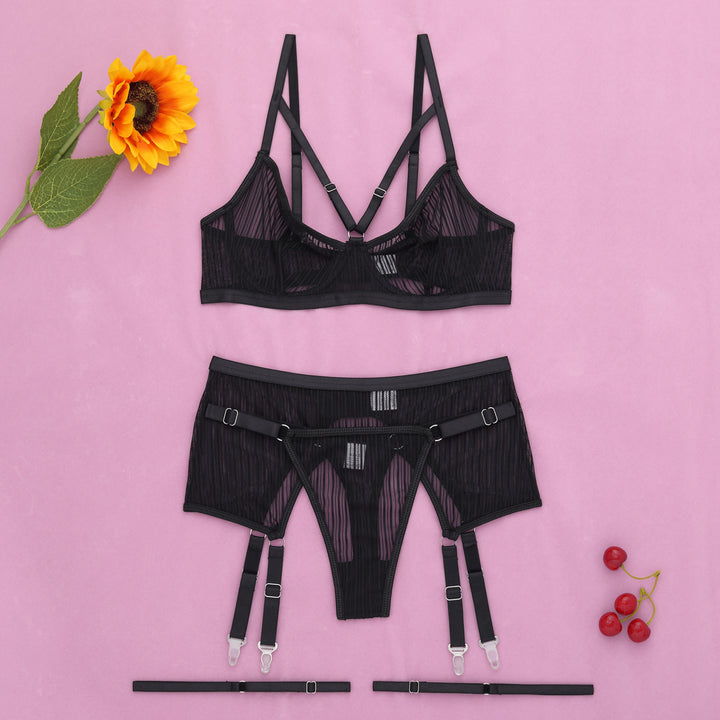 Sheer Striped Mesh Lingerie Set – Underwire Bra, High-Waist Garter Belt & Thong