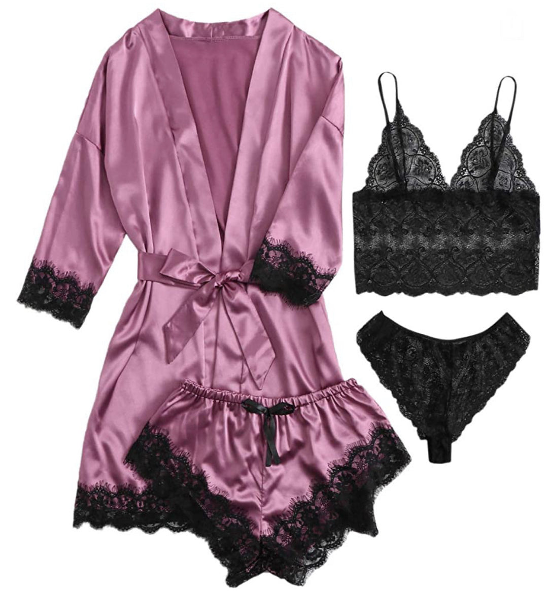 Satin & Black Lace Lingerie Set – Robe, Lace Cami & Shorts 4-Piece Sleepwear Set