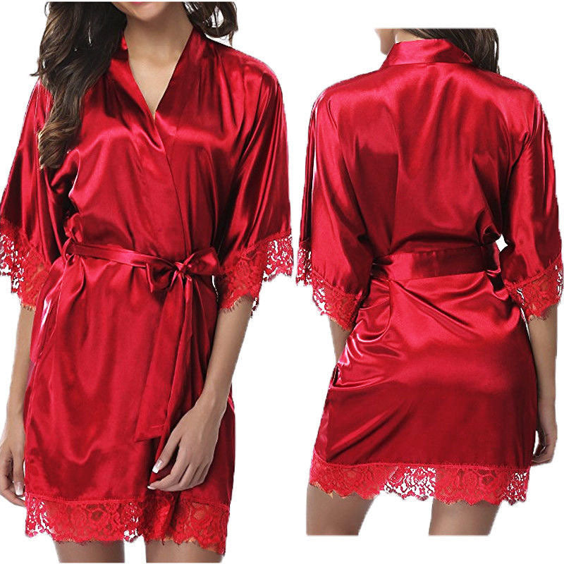 Women's Satin Lace Trim Robe – Lace Trim Sleepwear Lounge Bathrobe with Tie Belt