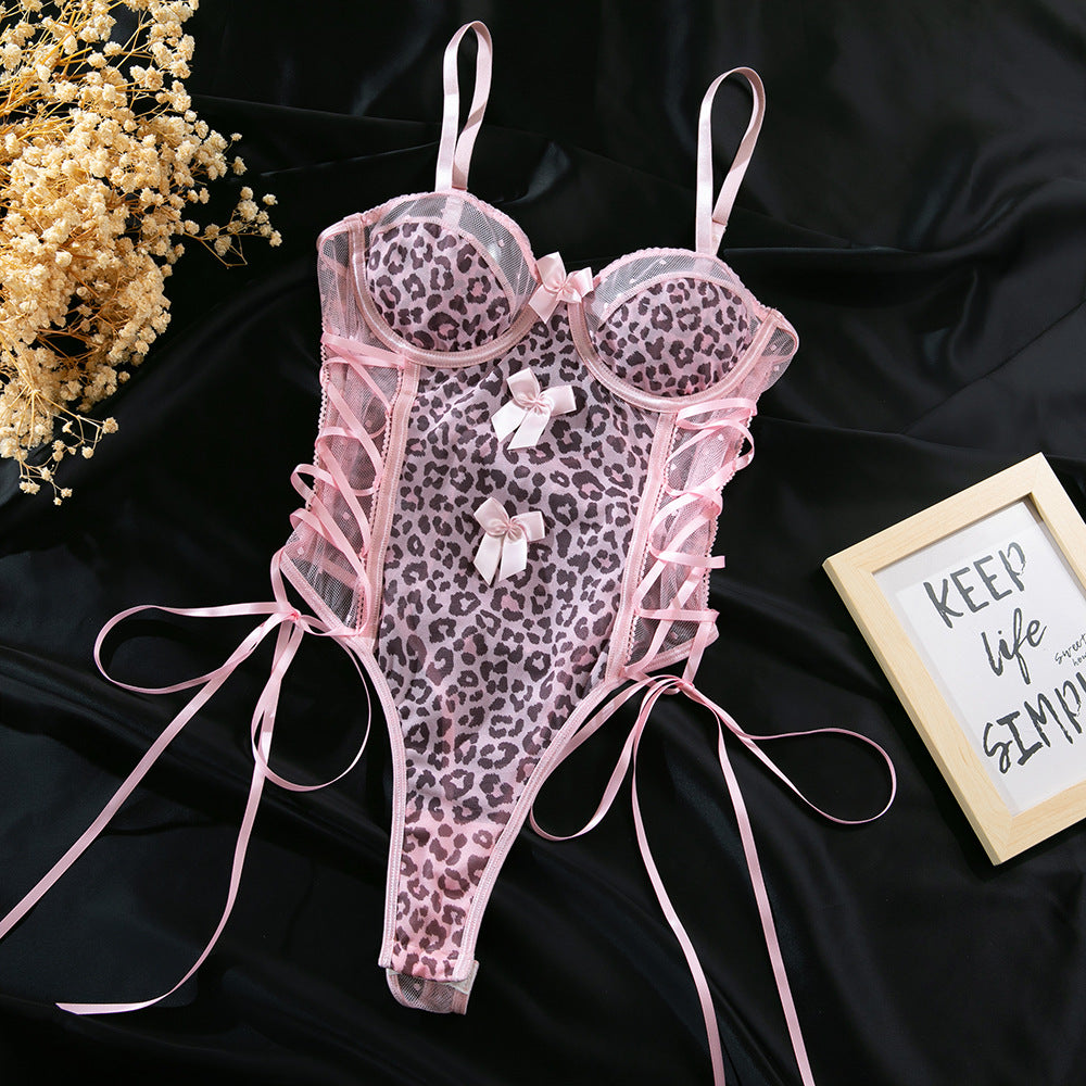 Pink Leopard Lace Teddy Bodysuit – Bow Detail Corset Lingerie